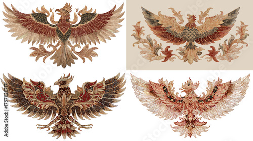 Majestic phoenix crests with spread wings and intricate ornamental detailing in vintage red and gold hues great for heraldry, emblems, luxury branding, and decorative prints.