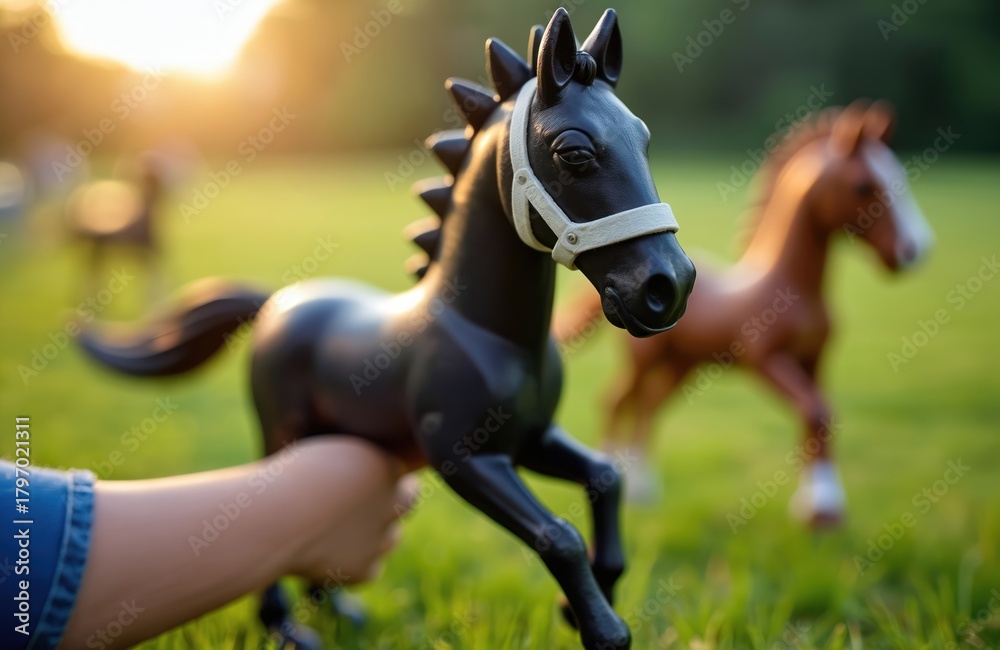 Obraz premium Children enjoy hobby horsing competition outdoors on sunny summer day. Hand guides black toy horse another brown one races nearby. Youngsters practice equestrian skills with plush animal models in