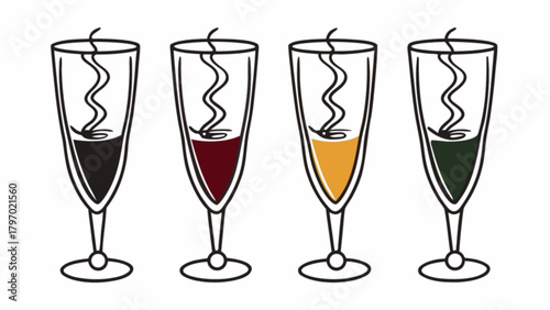 Minimilist four champagne glasses filled with different colored liquids and a swirly line in each glass design vector