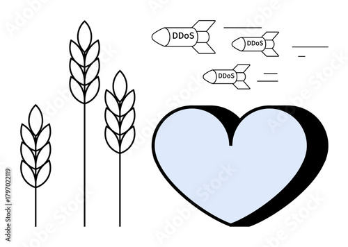 DDoS-labeled missiles targeting a heart beside wheat. Ideal for cybersecurity, cyberattacks, digital threats, vulnerabilities, risk awareness, agriculture, and protection. Simple flat metaphor