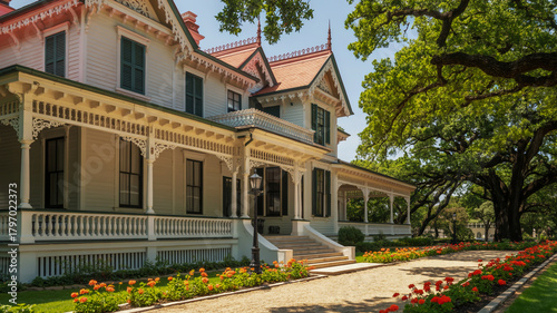Victorian house with wraparound porch and large oak tree in the yard