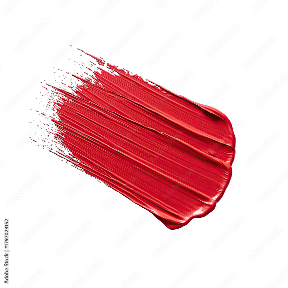 Fototapeta premium Vibrant red lipstick swatch with glossy texture brushed across a transparent background showcasing artistic makeup application and cosmetic beauty detail