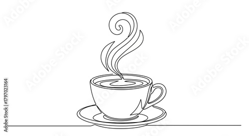 Vector illustration of continuous line drawing of a steaming cup of coffee