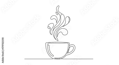 Vector illustration of continuous line drawing of a steaming cup of coffee