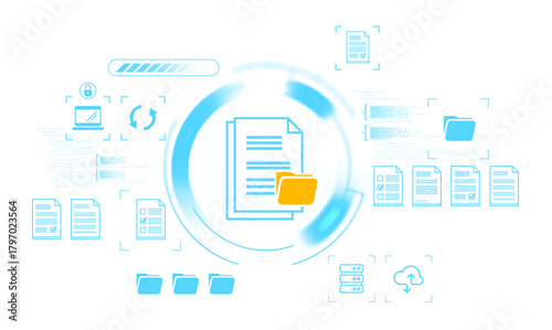 Digital document management interface with glowing folder and file icons on futuristic white background, representing data storage and cloud technology concept. 3D Rendering