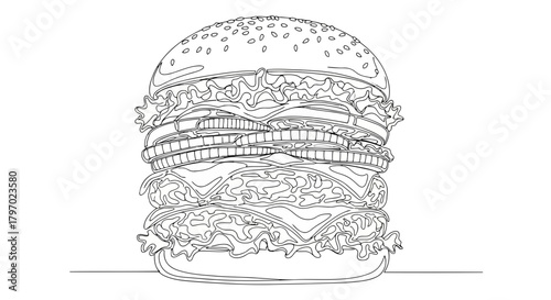 Vector illustration of detailed line drawing of a large hamburger
