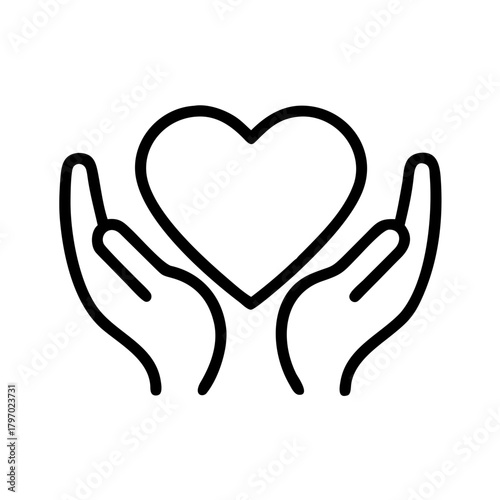 Simple line art icon depicting two hands cradling a heart, symbolizing care, health, charity, love, and protection in a clear, universal design.