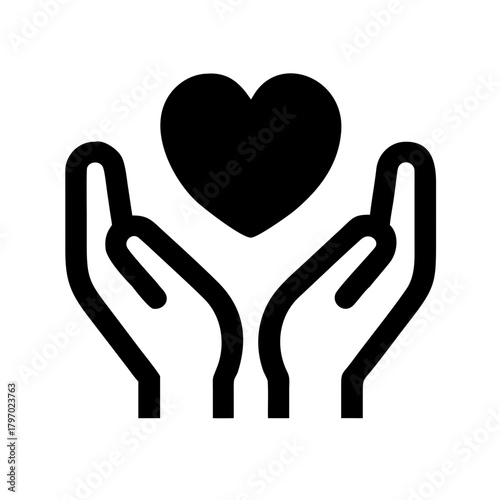 Simple line art icon depicting two hands cradling a heart, symbolizing care, health, charity, love, and protection in a clear, universal design.