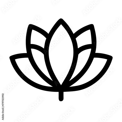 A simple, symmetrical outline icon of a stylized lotus flower. Perfect for spiritual, yoga, beauty, wellness, spa, and Asian culture blogs, apps, or design projects.