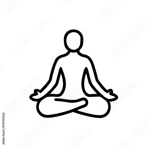 Simple black outline icon of a person sitting in the lotus position (Padmasana), symbolizing meditation or yoga. Ideal for wellness blogs, fitness apps, or articles on mindfulness and health.