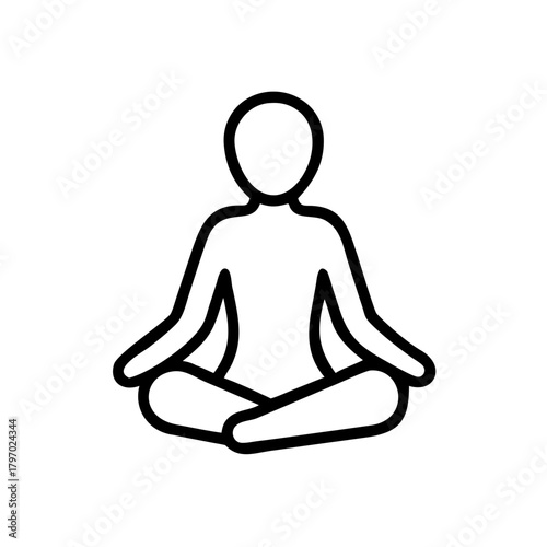 Simple black outline icon of a person sitting in the lotus position (Padmasana), symbolizing meditation or yoga. Ideal for wellness blogs, fitness apps, or articles on mindfulness and health.