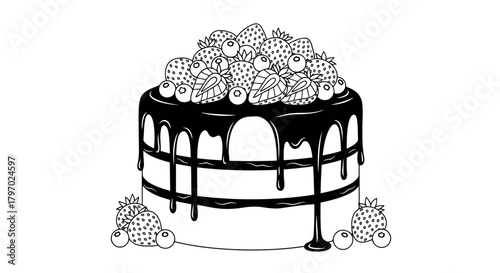 Vector illustration of delicious chocolate drip cake topped with fresh berries