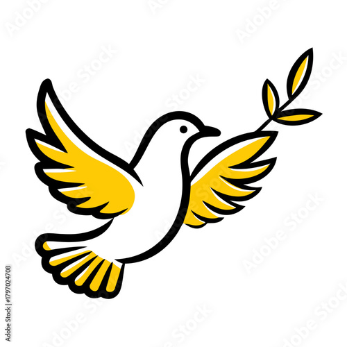 A minimalist vector illustration of a dove of peace with a golden olive branch. Ideal for websites and blogs on peace, spirituality, religion, and current events.