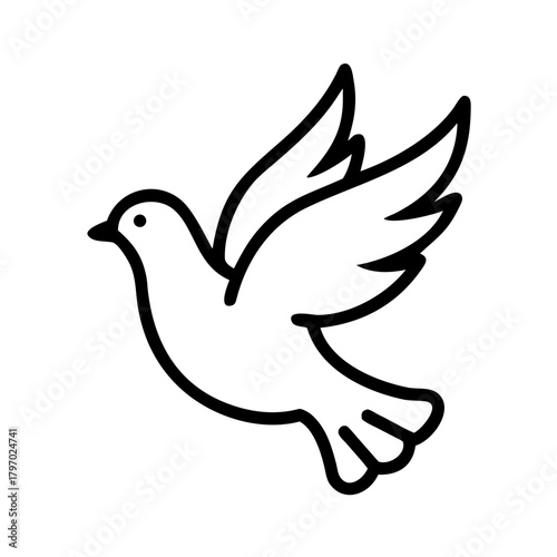 Simple black outline icon of a dove in flight, symbolizing peace, freedom, and spirituality. Excellent for religion, charity, memorial, or inspirational sites.