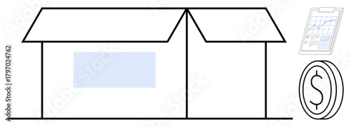 Open cardboard box, growth chart, and dollar coin symbolizing financial planning, logistics, retail, savings, e-commerce, business growth and budget management. Clean flat metaphor