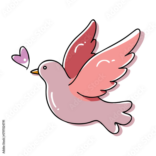Cute cartoon doodle of a pink dove in flight with a small heart, symbolizing love, peace, or messaging. Ideal for Valentine's Day, wedding blogs, or articles on harmony and affection.
