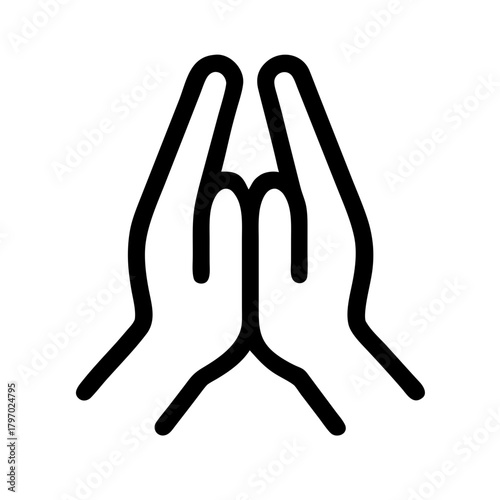 Simple black outline icon of hands in a praying position (Anjali Mudra/Namaste), symbolizing peace, thanks, greeting, respect, and meditation.