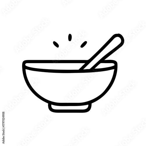Minimalist outline icon of a steaming bowl with a spoon. Perfect for food, cooking, restaurant, recipe, and nutrition sites or blogs focusing on dining, breakfast, or hot meals.