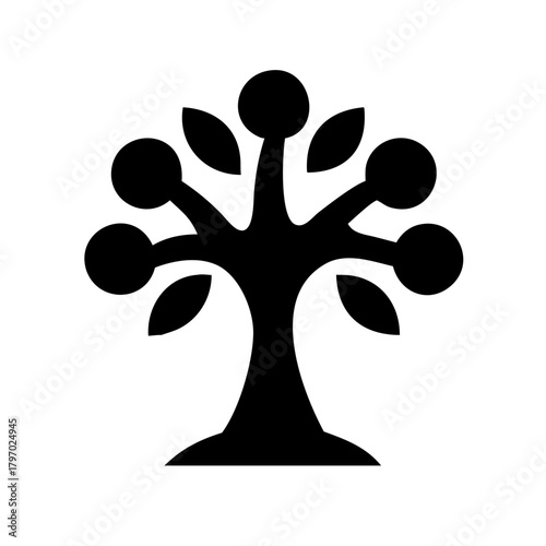 Simple black silhouette icon of a symmetrical tree with a trunk and seven leaves. Ideal for nature blogs, environmental sites, or articles on growth, sustainability, and plant life.