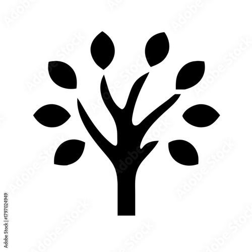 Simple black silhouette icon of a symmetrical tree with a trunk and seven leaves. Ideal for nature blogs, environmental sites, or articles on growth, sustainability, and plant life.