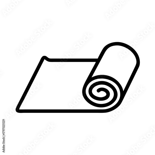 Simple black outline icon of a mat, carpet, or rug partially rolled up. Ideal for websites, apps, or blogs related to home decor, flooring, yoga, fitness, or DIY projects