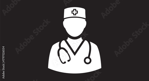 Flat minimalist white silhouette icon of a medical professional wearing a doctor's cap and stethoscope, symbolizing healthcare and expert medical services concept