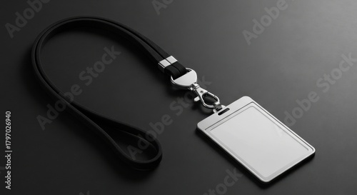 Blank ID badge holder with lanyard resting on a black surface