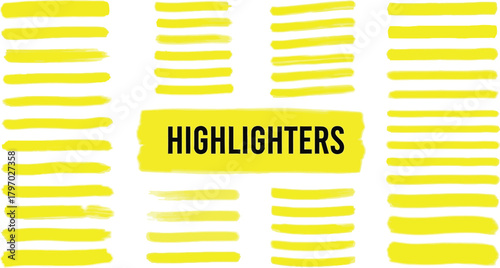 Bright yellow highlighter marks on a white background with the word highlighters in the center