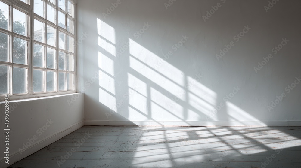 Fototapeta premium Sunlight and shadows in empty white room large window and copy space