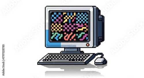 A vibrant and detailed pixel art illustration of a classic computer setup, reminiscent of vintage 8-bit or 16-bit