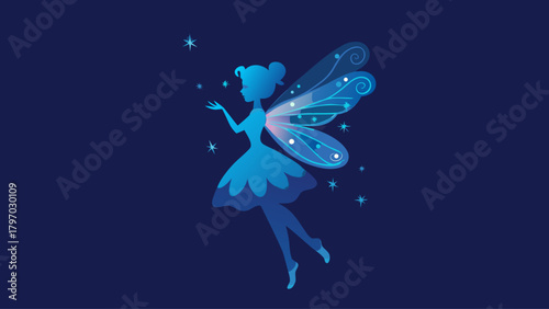Enchanting fairy silhouette gracefully dances among shimmering stars, casting a magical spell, a whimsical delight for creative designs and children's projects