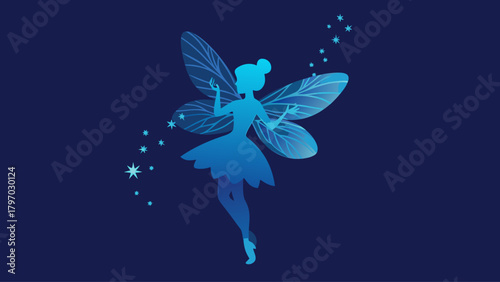 Enchanting blue fairy silhouette with delicate wings and sparkling stars, a whimsical design perfect for fantasy themes, children's stories, and magical creations