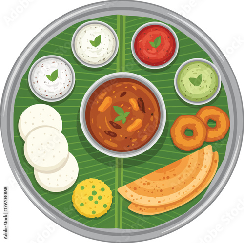 South Indian Thali Authentic Meal Top View Illustration