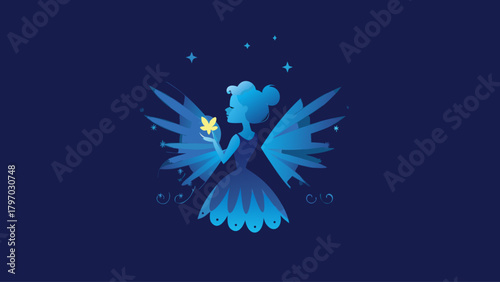 Enchanting blue fairy holding a golden flower under the stars, a whimsical fantasy character illustration perfect for children's books and magical designs