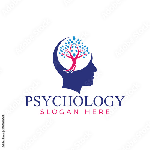 Psychology logo with human head and tree isolated on white background