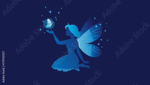 Enchanting fairy with delicate wings holds a glowing orb with butterfly, a magical and dreamy illustration perfect for fantasy themes and children's stories