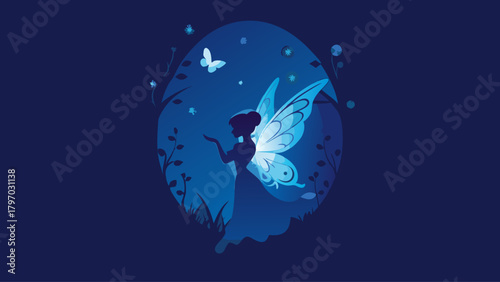 Enchanting fairy silhouette in a whimsical blue forest, a dreamy and magical scene evoking fantasy and wonder for children's books and fairytale designs