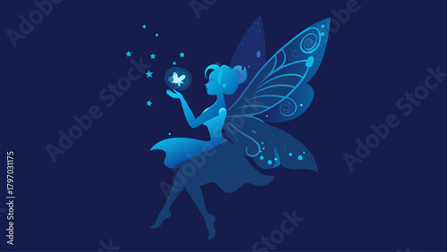 Enchanting fairy silhouette with delicate wings and magical stardust, perfect for fantasy illustrations or whimsical designs, evoking wonder and dreams