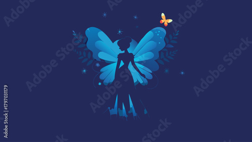 Enchanting fairy silhouette with delicate wings and a vibrant butterfly flitting above, radiating magic and wonder, perfect for fantasy themes and designs