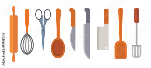 Collection of Orange and Gray Kitchen Utensils in a Row cooking rolling pin