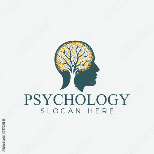 Modern psychology logo design featuring a tree growing inside a human head symbolizes mental health, personal growth, and the connection between mind and nature
