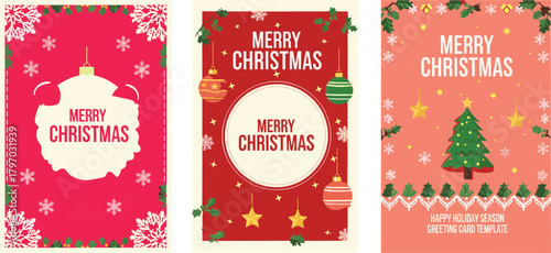 Festive Christmas greeting card set with holiday ornaments, snowflakes, stars, Christmas tree and decorative borders in bright colorful flat vector illustration design