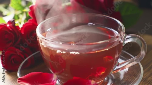 Warm, steaming cup of rose tea surrounded by vibrant red roses and petals, perfect for relaxation and romance.