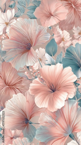 Floral Arrangement: A serene arrangement featuring large pink flowers with delicate, linear petal details contrasted by soft blue-green foliage.