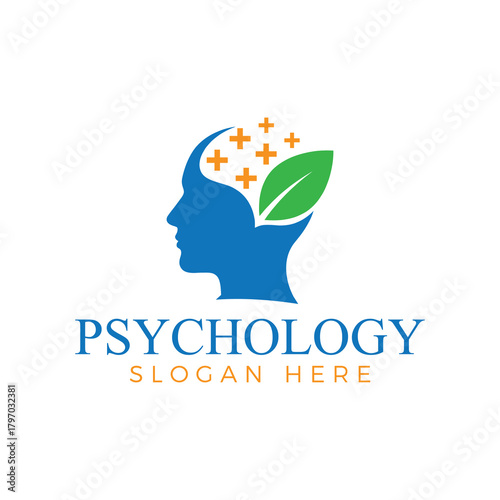 Psychology logo template featuring a human head with leaf and plus signs, ideal for mental health and wellness