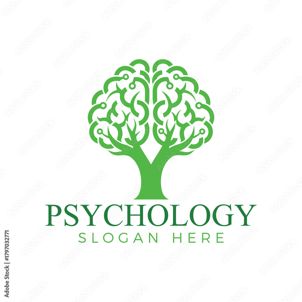 Obraz premium Green tree brain logo, representing psychology, mental health, and cognitive function in a natural way