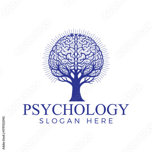 Psychology logo featuring a brainshaped tree with branches and roots, symbolizing mental health, growth, and intellect