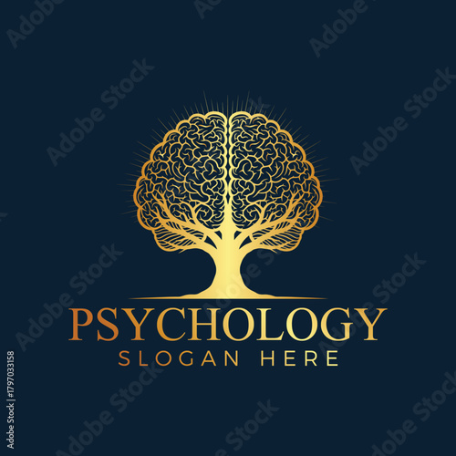 Golden brain tree logo design for psychology clinic isolated on dark blue background, representing mental health and cognitive function