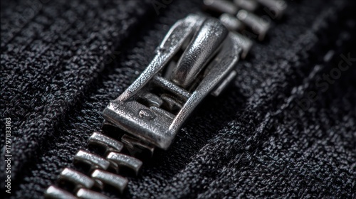 Close up of metal zipper and black fabric texture detailed macro