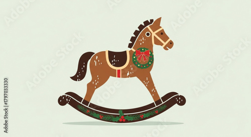 Festive rocking horse with a holiday wreath and holly details evokes childhood nostalgia and the joy of Christmas celebrations, ideal for seasonal projects
